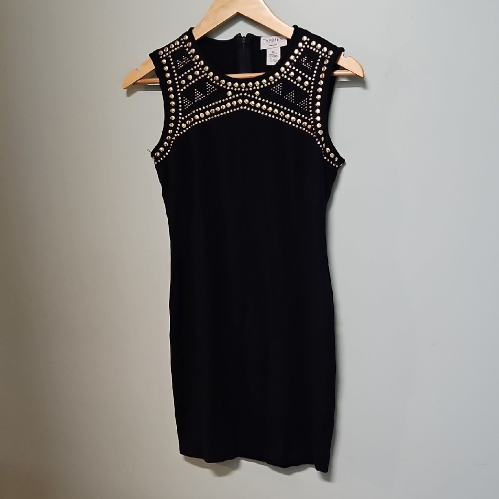 Carmen Marc Valvo Midnight Navy Dress with Gold Studs